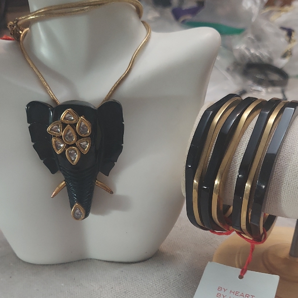 Gold Plated  Black Horn Elphant and Bracelets.